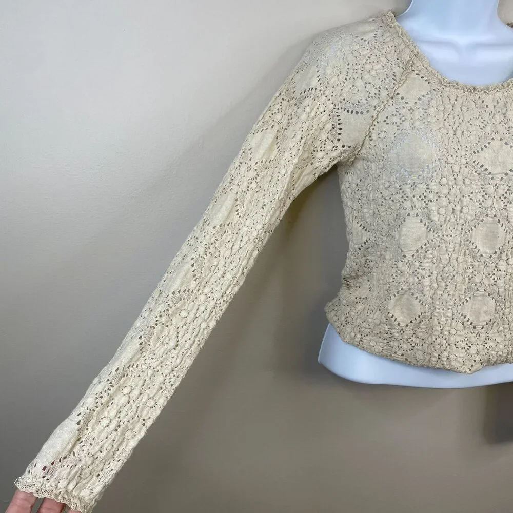 Free‎ People Womens Crochet Lace Boho Top Size S Ivory Long Sleeve Cowgirl Comfy